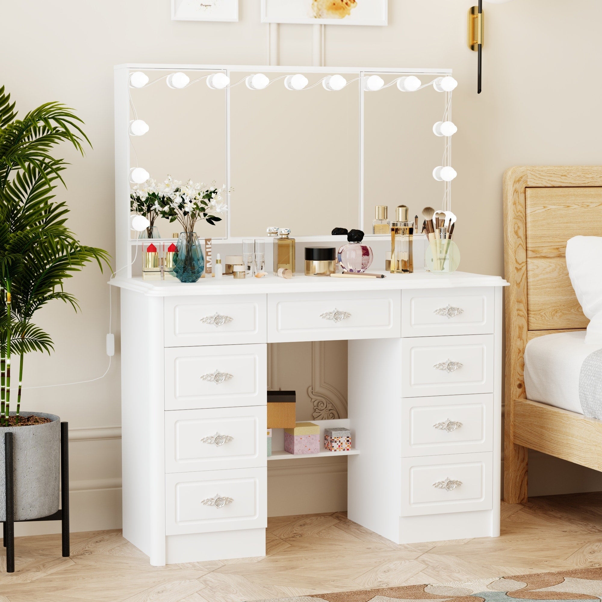 Modern White Makeup Vanity Fold Mirror Adjustable Lighting Dressing - 40.2x54.1