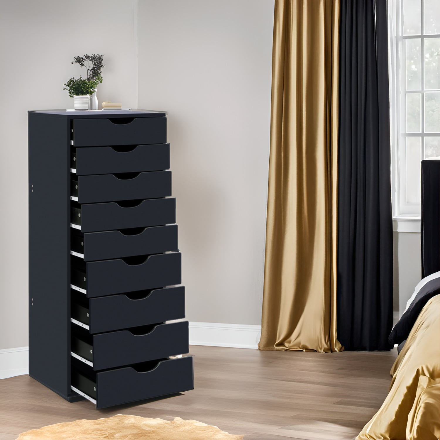 Narrow Wooden 9-Drawer Cabinet with Smooth-Glide Drawers and Top Storage Shelf