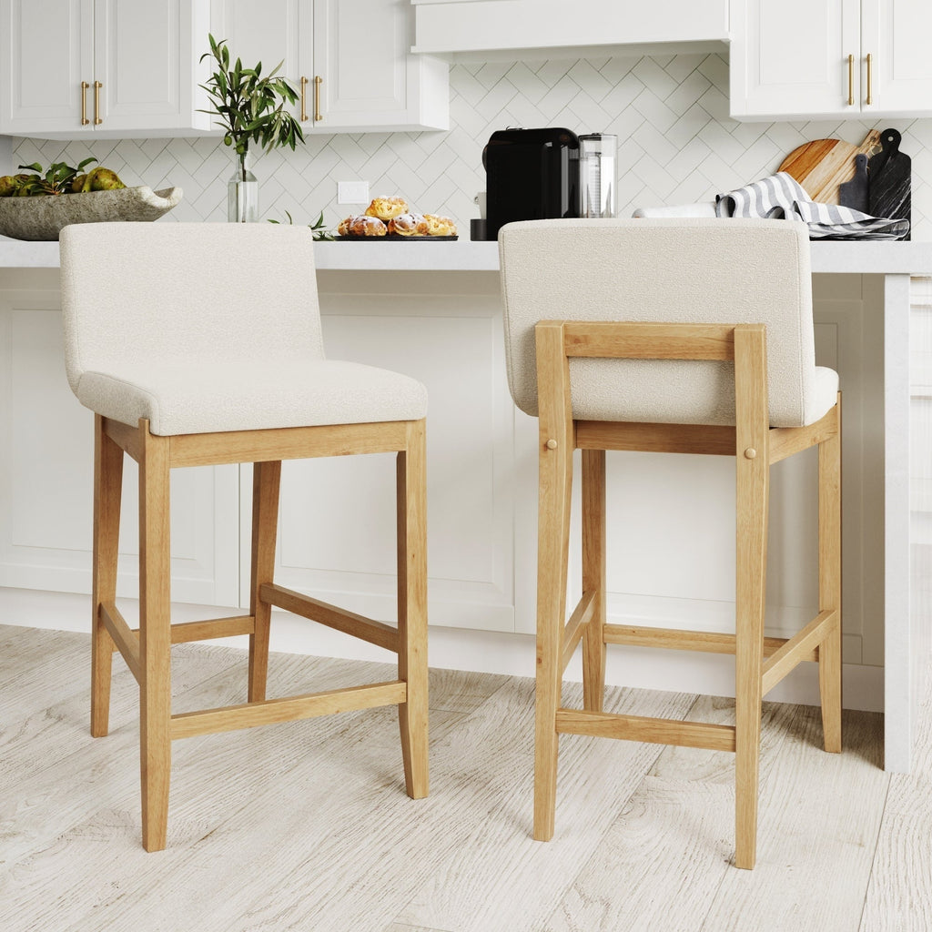 Gracie Modern Bar Stool, Boucle Upholstered Chair and Brushed Wooden Legs