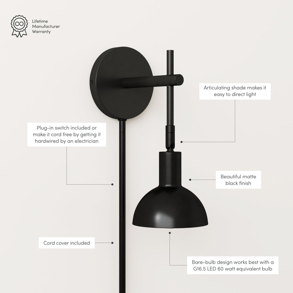 Nathan James Tamlin Wall Mounted Armed Sconce 1-Light Fixture with Plugin and On/Off Switch