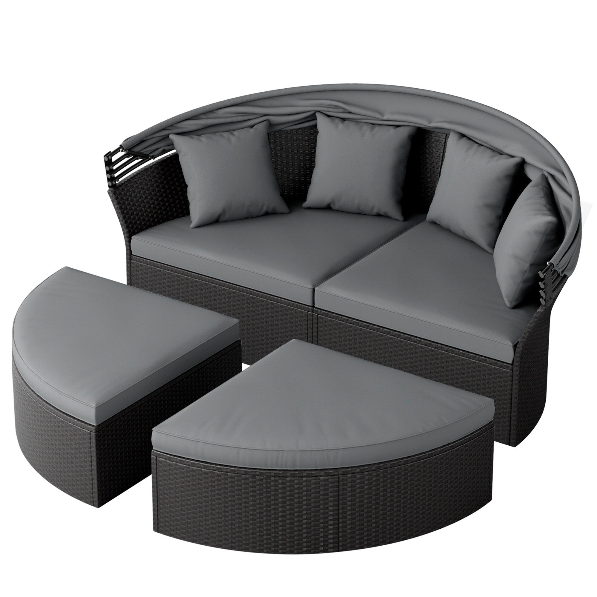 Nuon 4-piece Outdoor Black Wicker Patio Round Daybed Sectional Sofa Set with Retractable Canopy by Havenside Home