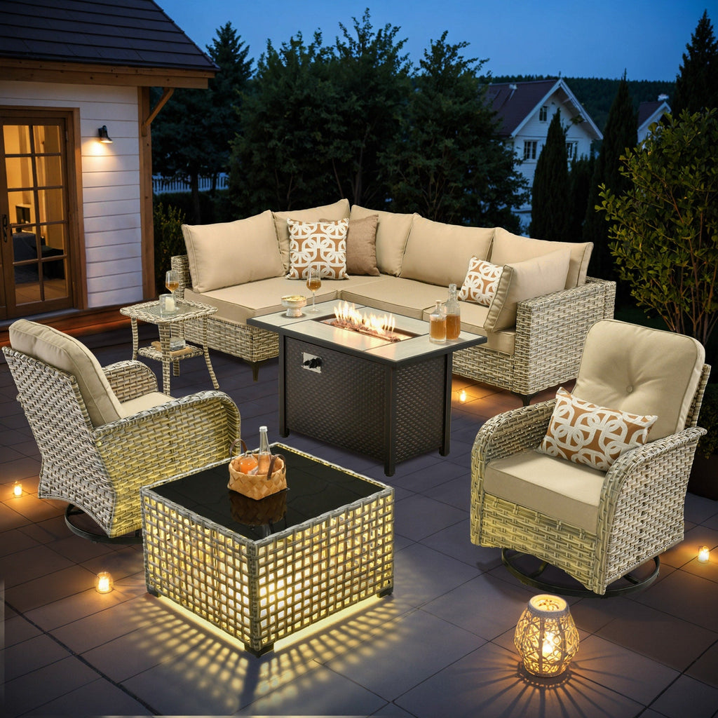 OVIOS 9 Pieces Outdoor Wicker Swivel Chair Set With Fire Table