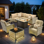 OVIOS 9 Pieces Outdoor Wicker Swivel Chair Set With Fire Table