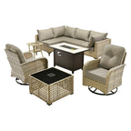 OVIOS 9 Pieces Outdoor Wicker Swivel Chair Set With Fire Table