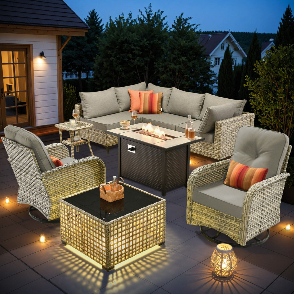 OVIOS 9 Pieces Outdoor Wicker Swivel Chair Set With Fire Table