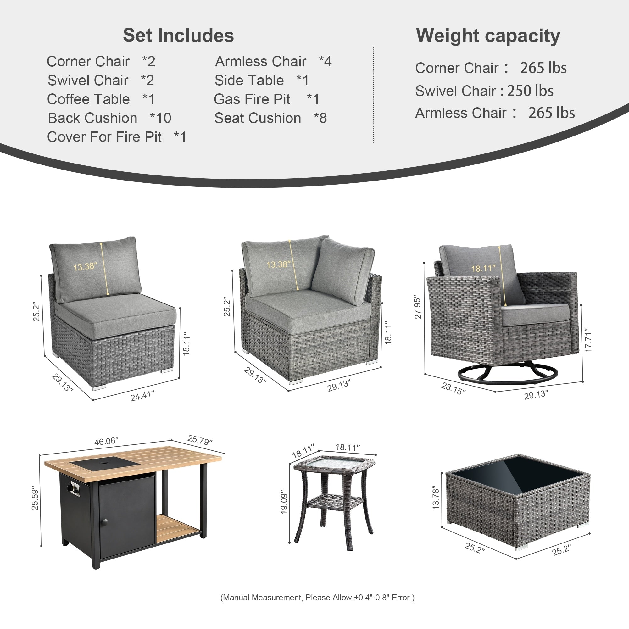 OVIOS Deep Seat Wicker 11-piece Sectional Set Swivel Chairs Fire Pit