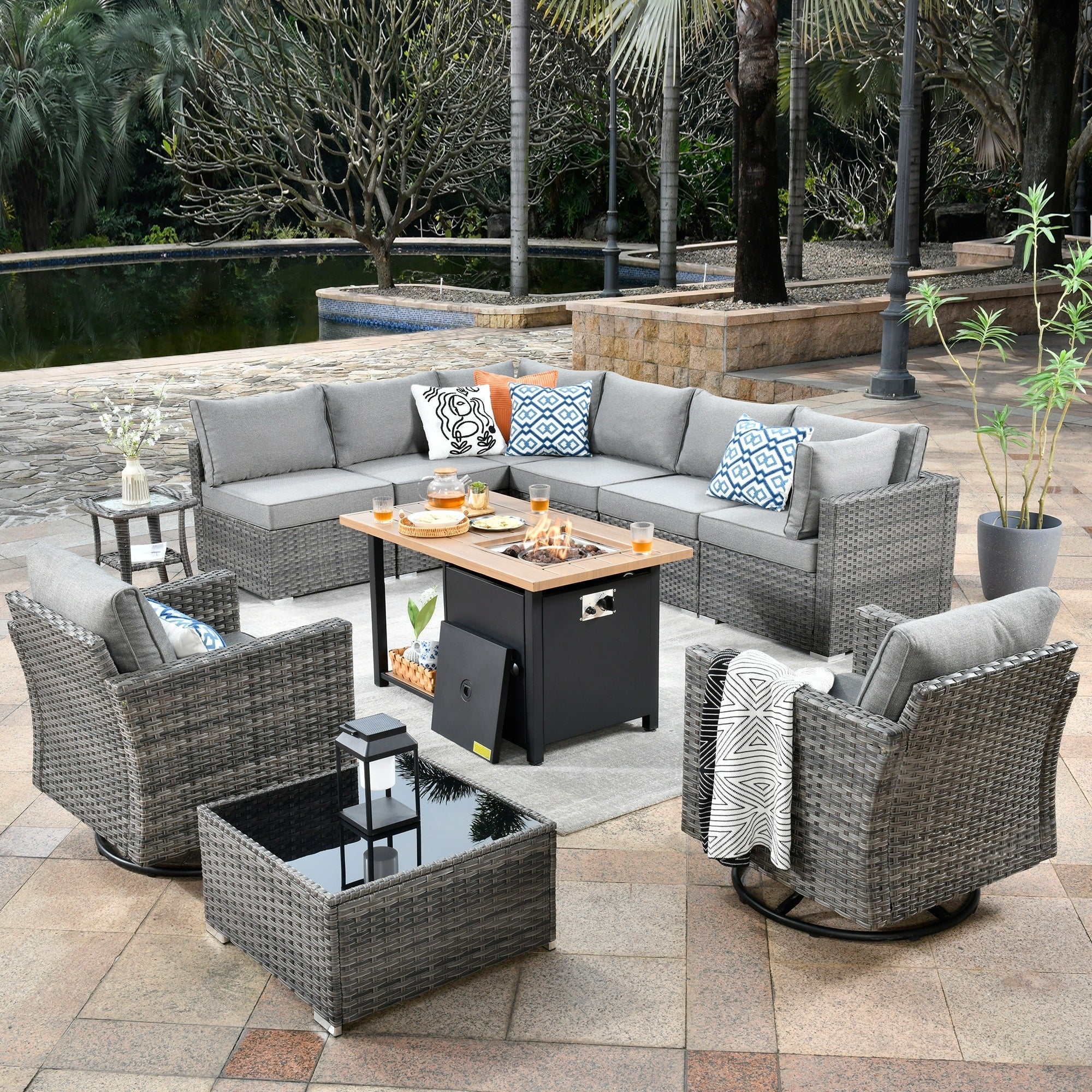 OVIOS Deep Seat Wicker 11-piece Sectional Set Swivel Chairs Fire Pit