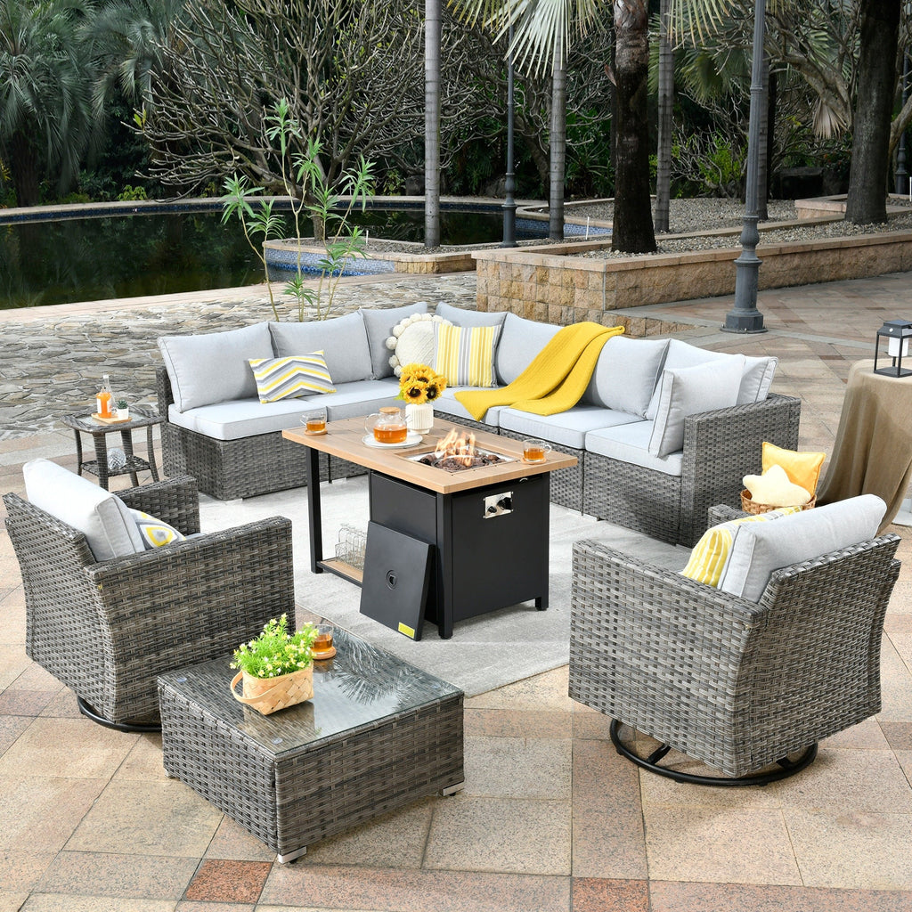 OVIOS Deep Seat Wicker 11-piece Sectional Set Swivel Chairs Fire Pit