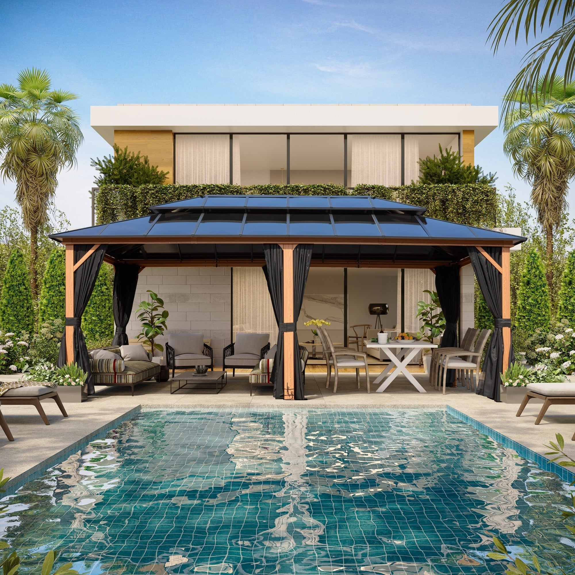 EROMMY Hardtop Gazebo,Outdoor Pergola with Double Roof & Netting & Curtains,Heavy Duty Canopy for Patio, Backyard, Pool party