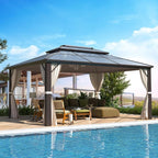 Hardtop Gazebo for Backyard – Permanent Pergola with Netting, Curtains & Double Roof, All-Weather Outdoor Shelter