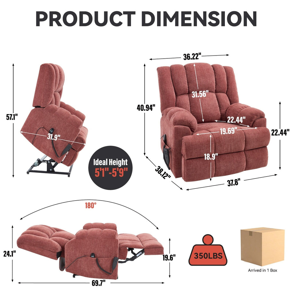 Oversized Chenille Power Lift Recliner Chair with Massage and Lumbar Heating, Infinite Position Reclining