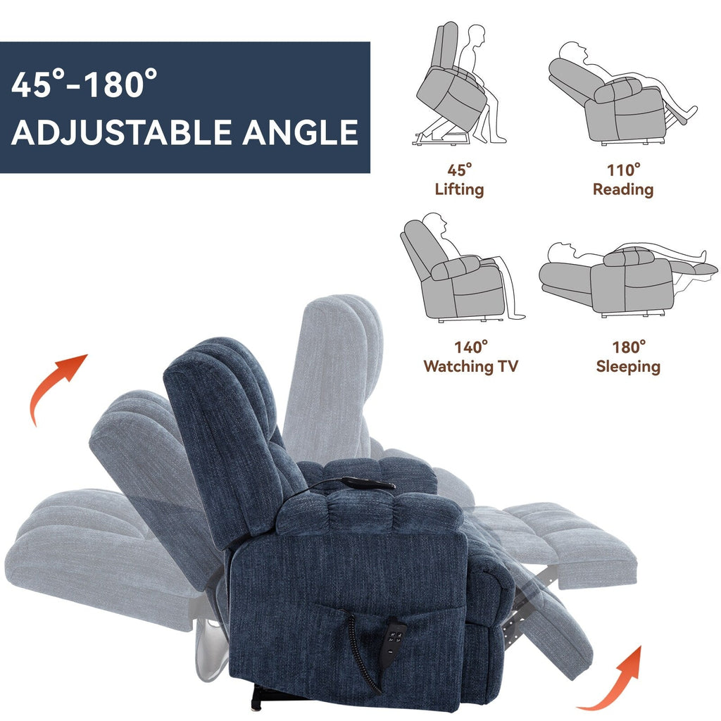 Oversized Chenille Power Lift Recliner Chair with Massage and Lumbar Heating, Infinite Position Reclining