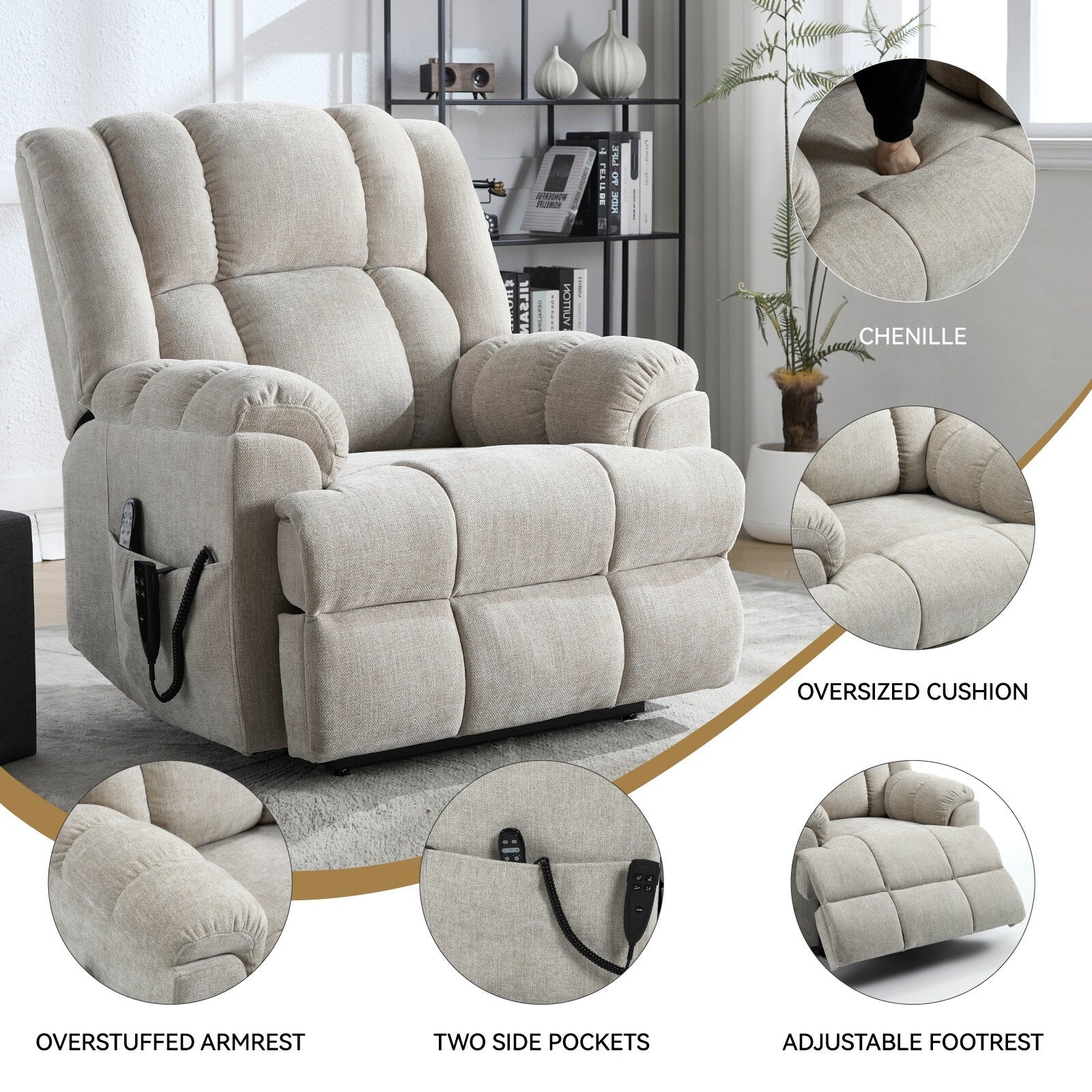 Oversized Chenille Power Lift Recliner Chair with Massage and Lumbar Heating, Infinite Position Reclining