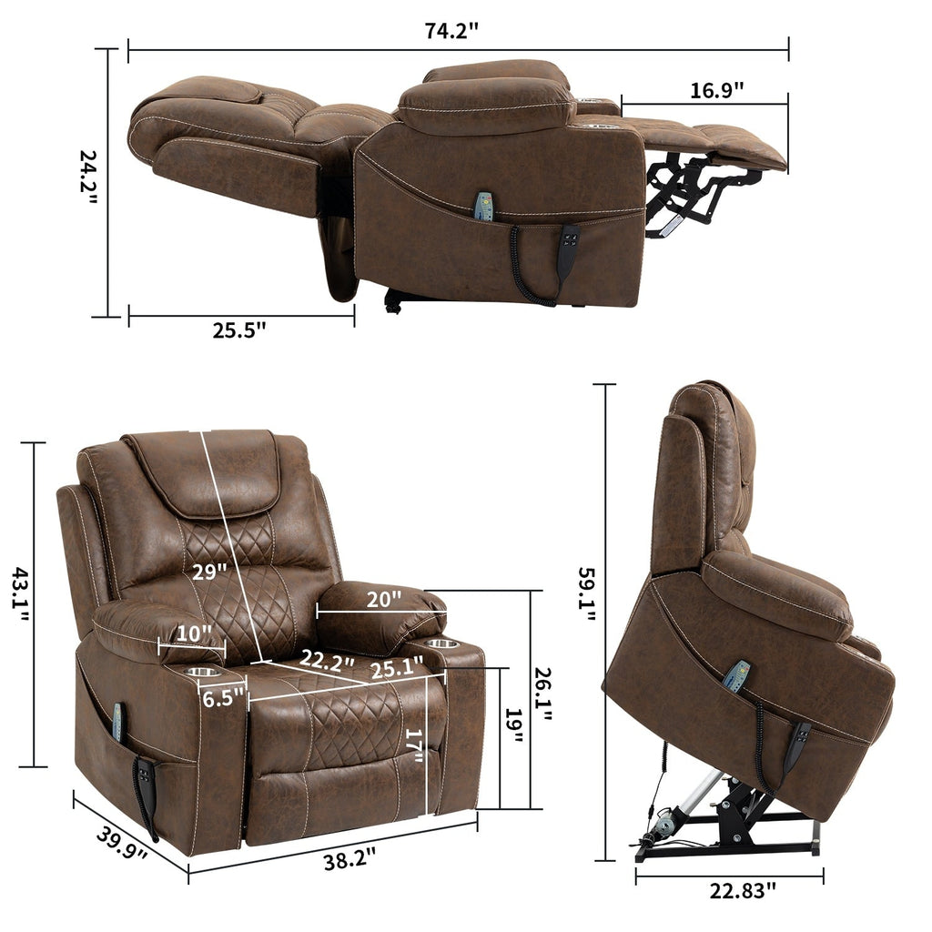 Oversized PU Leather Power Lift Recliner with Massage, Lumbar Heating, Cup Holder, 180° Flat Lay