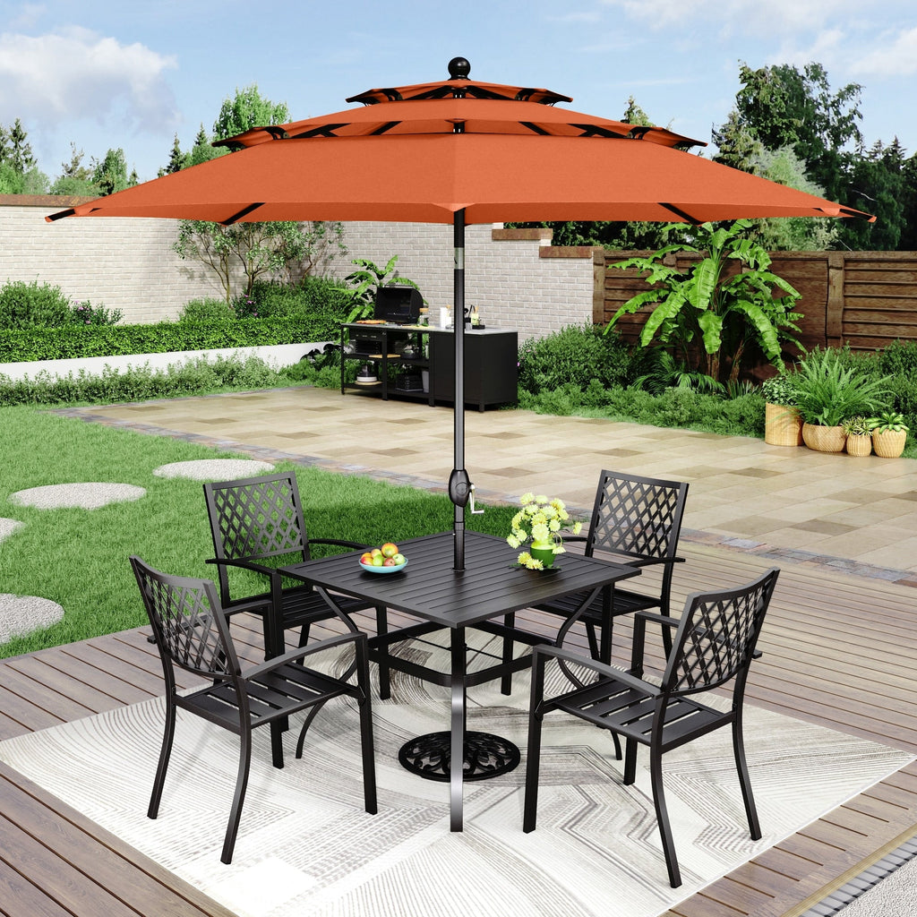 MAISON ARTS 6-Piece Patio Dining Set with 10ft 3 Tier Auto-tilt Umbrella: 4 Metal Outdoor Chairs 1 Metal Square Dining Table