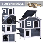 PawHut Fir Wood 2-Story Outdoor Cat House, Wooden Feral Cat Shelter with Openable Asphalt Roof for Indoor/Outdoor, White / Grey
