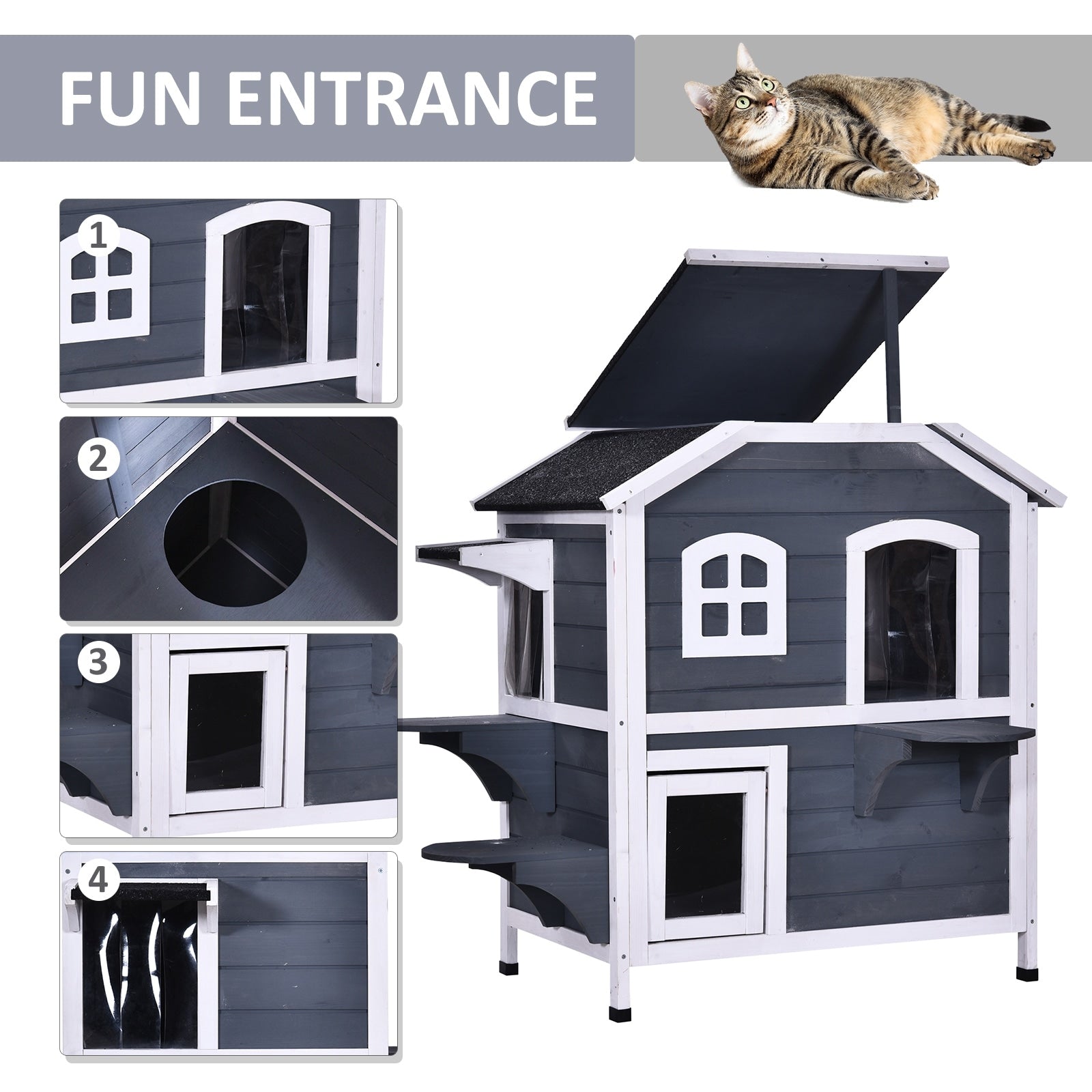 PawHut Fir Wood 2-Story Outdoor Cat House, Wooden Feral Cat Shelter with Openable Asphalt Roof for Indoor/Outdoor, White / Grey