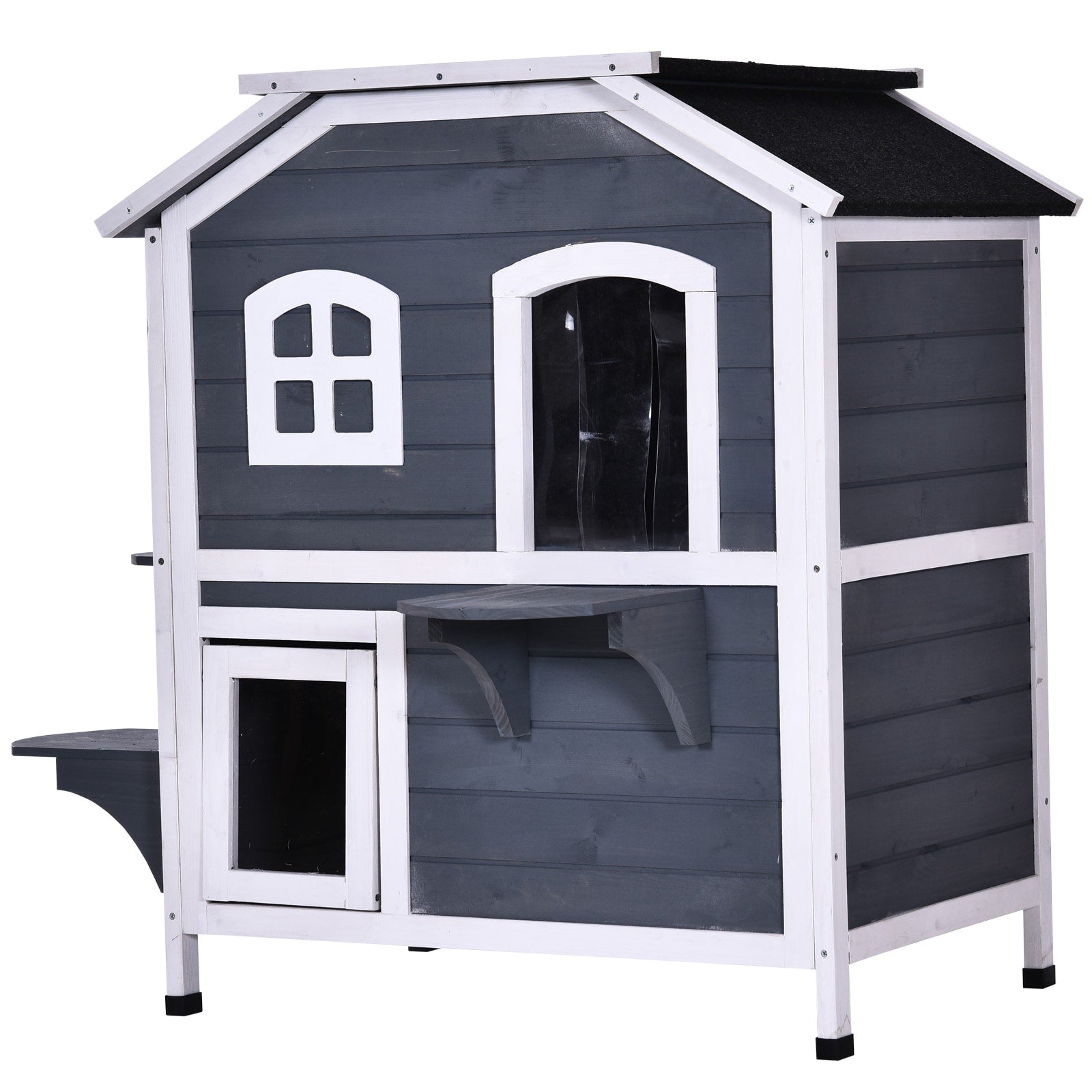PawHut Fir Wood 2-Story Outdoor Cat House, Wooden Feral Cat Shelter with Openable Asphalt Roof for Indoor/Outdoor, White / Grey