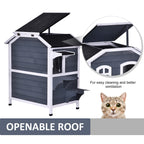 PawHut Fir Wood 2-Story Outdoor Cat House, Wooden Feral Cat Shelter with Openable Asphalt Roof for Indoor/Outdoor, White / Grey