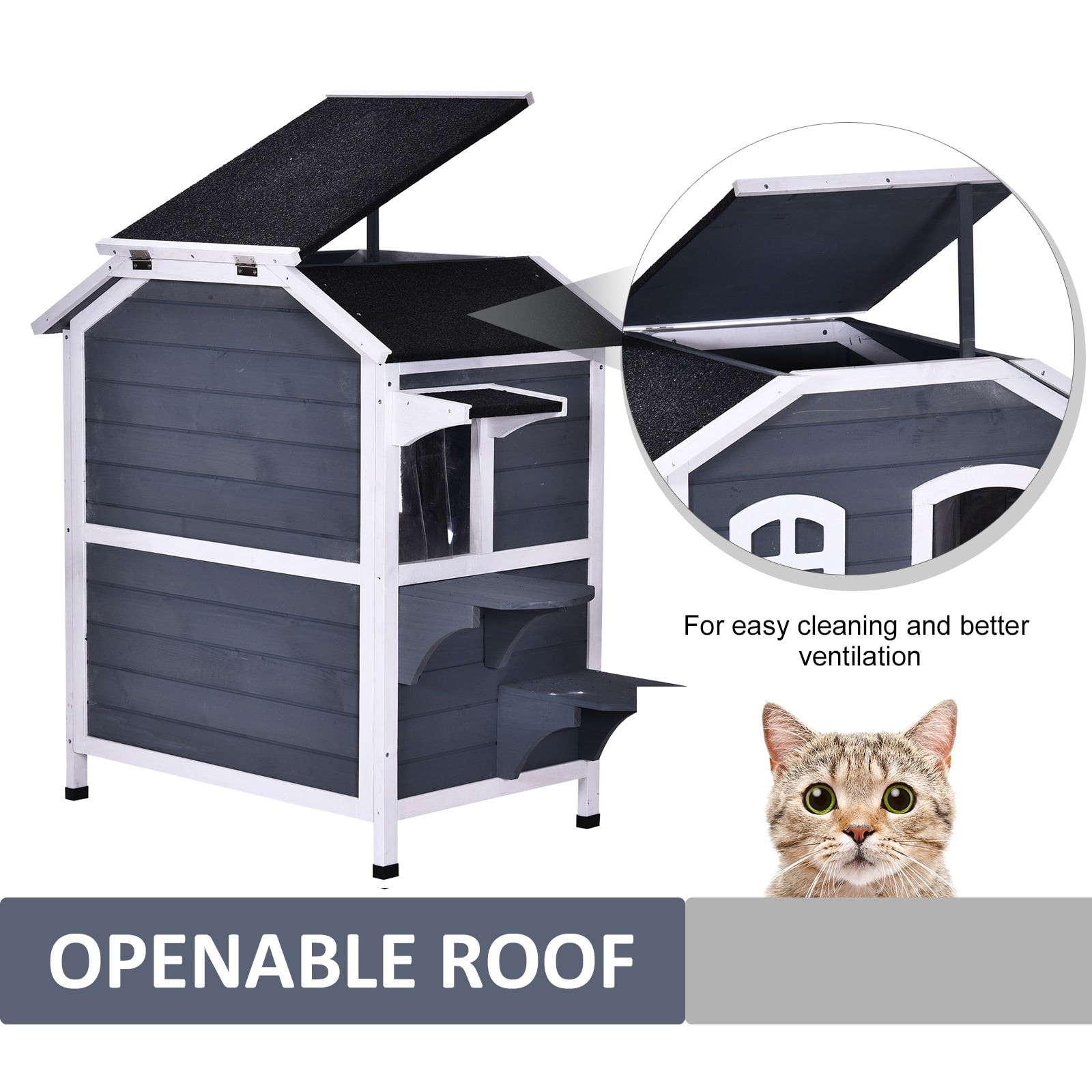 PawHut Fir Wood 2-Story Outdoor Cat House, Wooden Feral Cat Shelter with Openable Asphalt Roof for Indoor/Outdoor, White / Grey