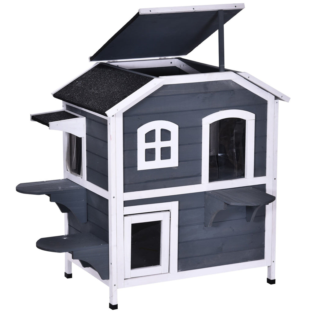 PawHut Fir Wood 2-Story Outdoor Cat House, Wooden Feral Cat Shelter with Openable Asphalt Roof for Indoor/Outdoor, White / Grey