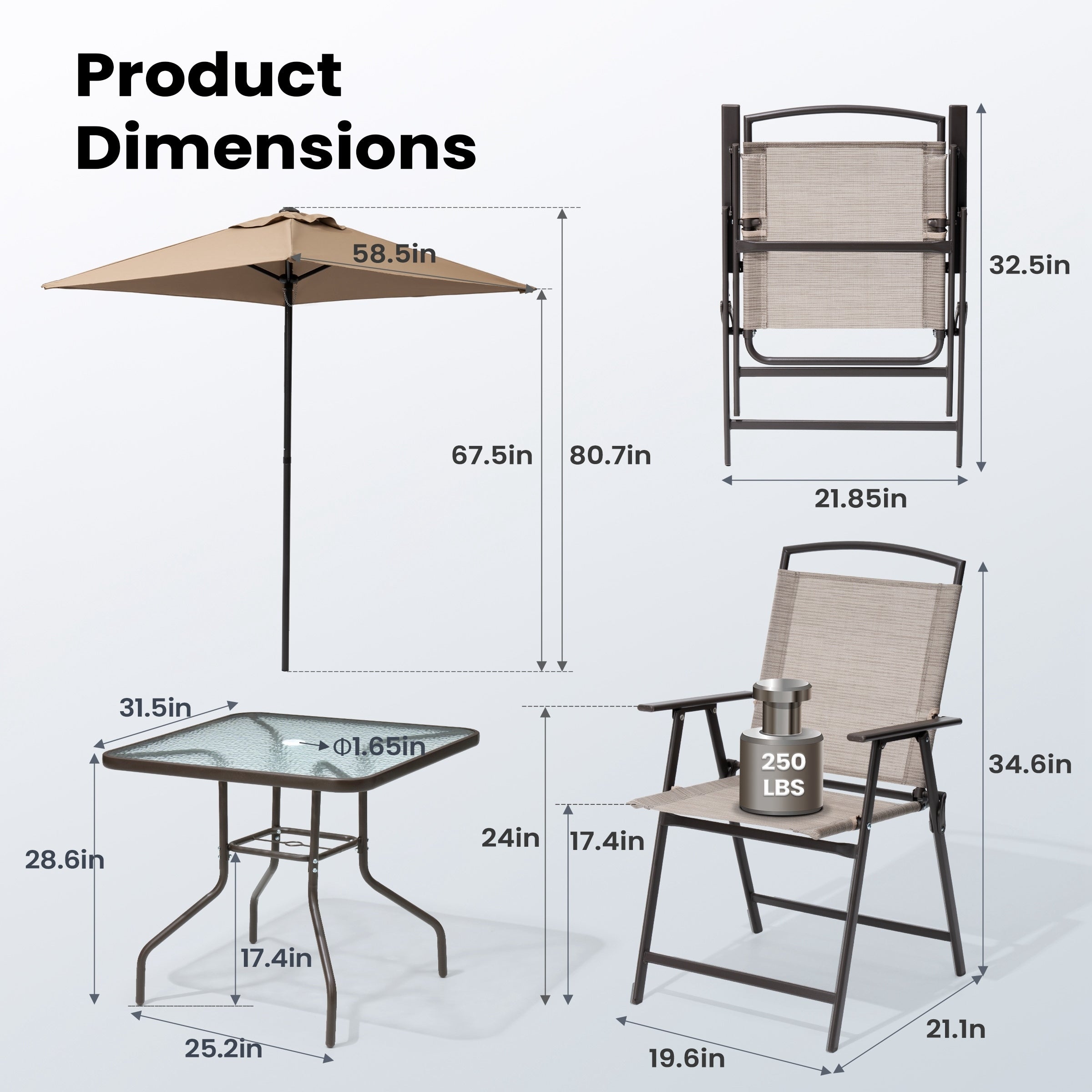 Pellebant 6 Piece Patio Set with Table, Umbrella and 4 Folding Chairs - 22.4Wx26.8Dx34.4H