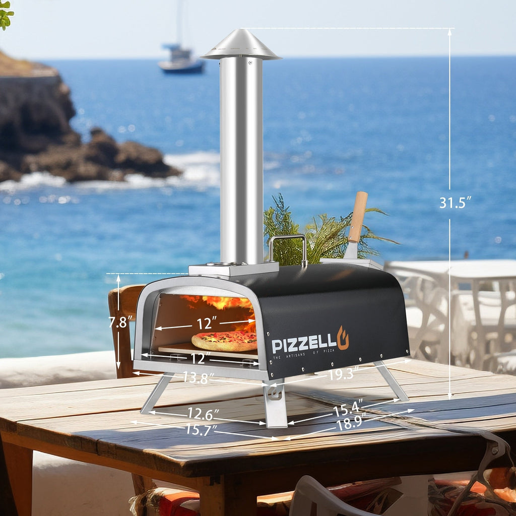 Multi-Fuel Outdoor Pizza Oven Stonebaked Pizza Maker with Gas Burner & Wood Box - 12 inch