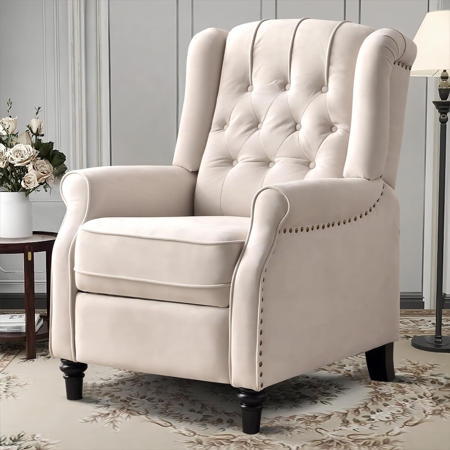 Pushback Recliner Chair, Fabric Armchair Push Back Recliner with Rivet Decoration, Single Sofa Accent Chair