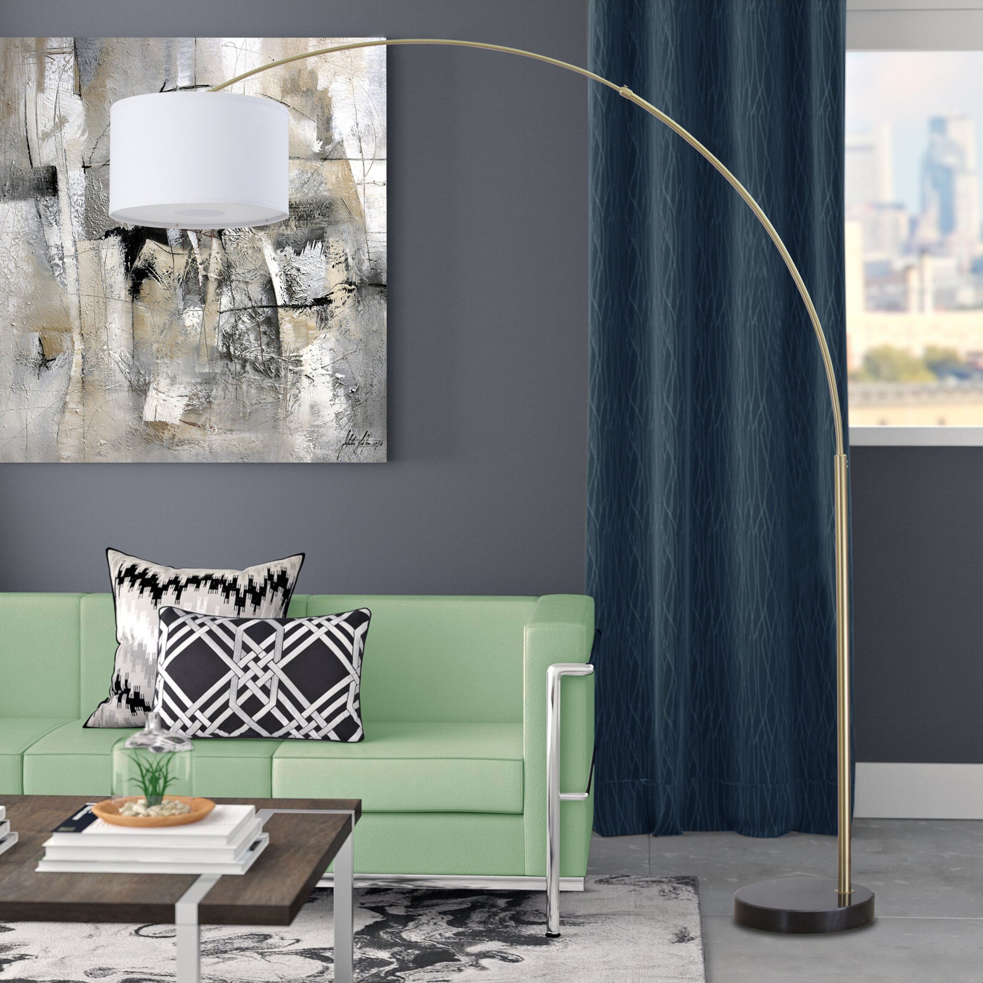 Q-Max 81 Steel Adjustable Arching Floor Lamp With Extra Large Shade and Marble Base