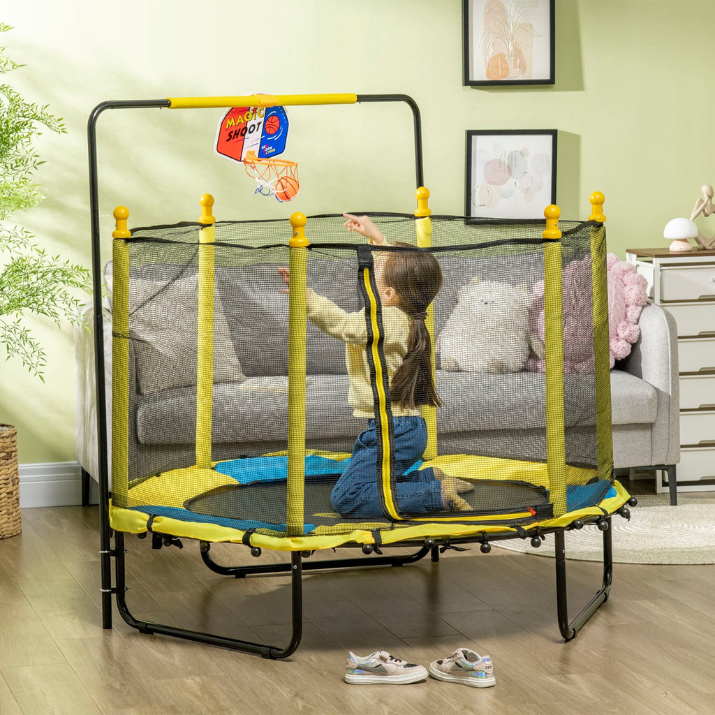 Qaba 4.6' Kids Trampoline with Basketball Hoop, Horizontal Bar, 55 Indoor Trampoline with Net