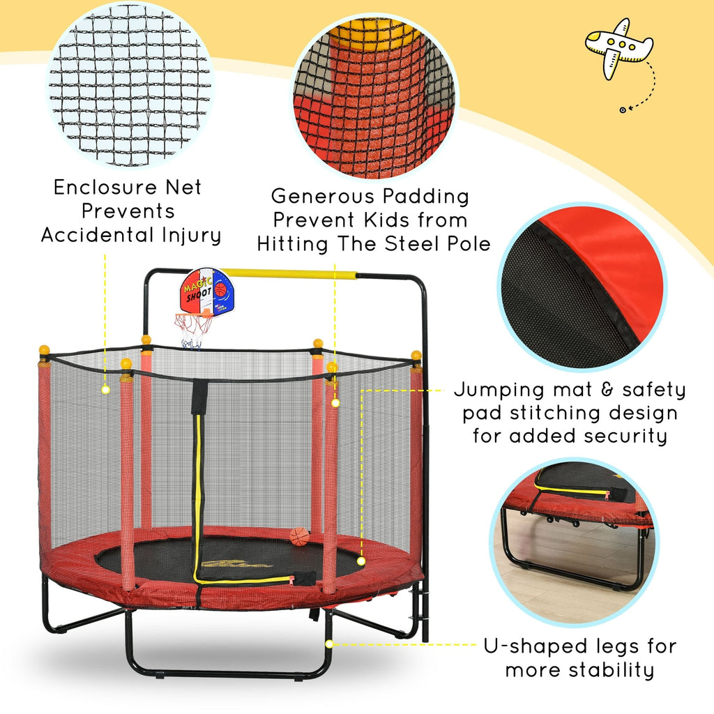 Qaba 4.6' Kids Trampoline with Basketball Hoop, Horizontal Bar, 55 Indoor Trampoline with Net