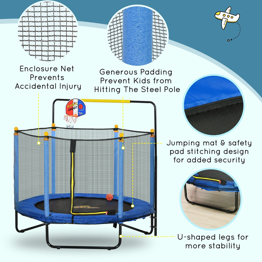 Qaba 4.6' Kids Trampoline with Basketball Hoop, Horizontal Bar, 55 Indoor Trampoline with Net