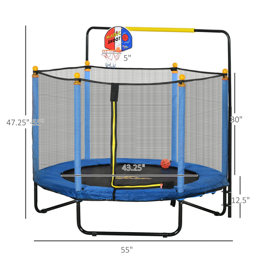 Qaba 4.6' Kids Trampoline with Basketball Hoop, Horizontal Bar, 55 Indoor Trampoline with Net
