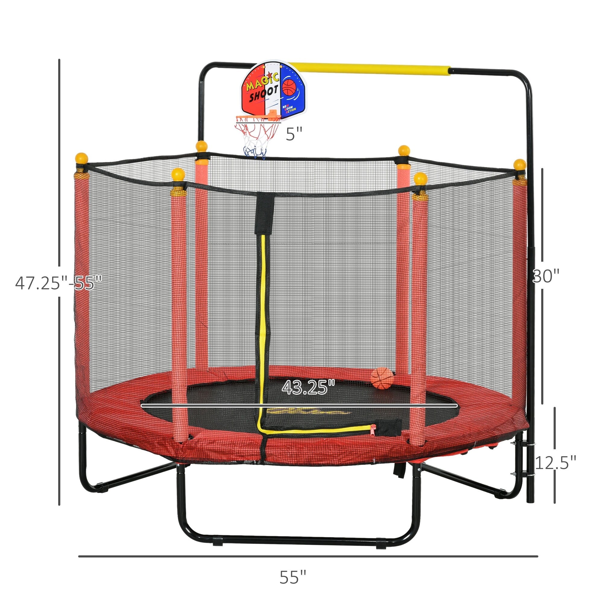 Qaba 4.6' Kids Trampoline with Basketball Hoop, Horizontal Bar, 55 Indoor Trampoline with Net