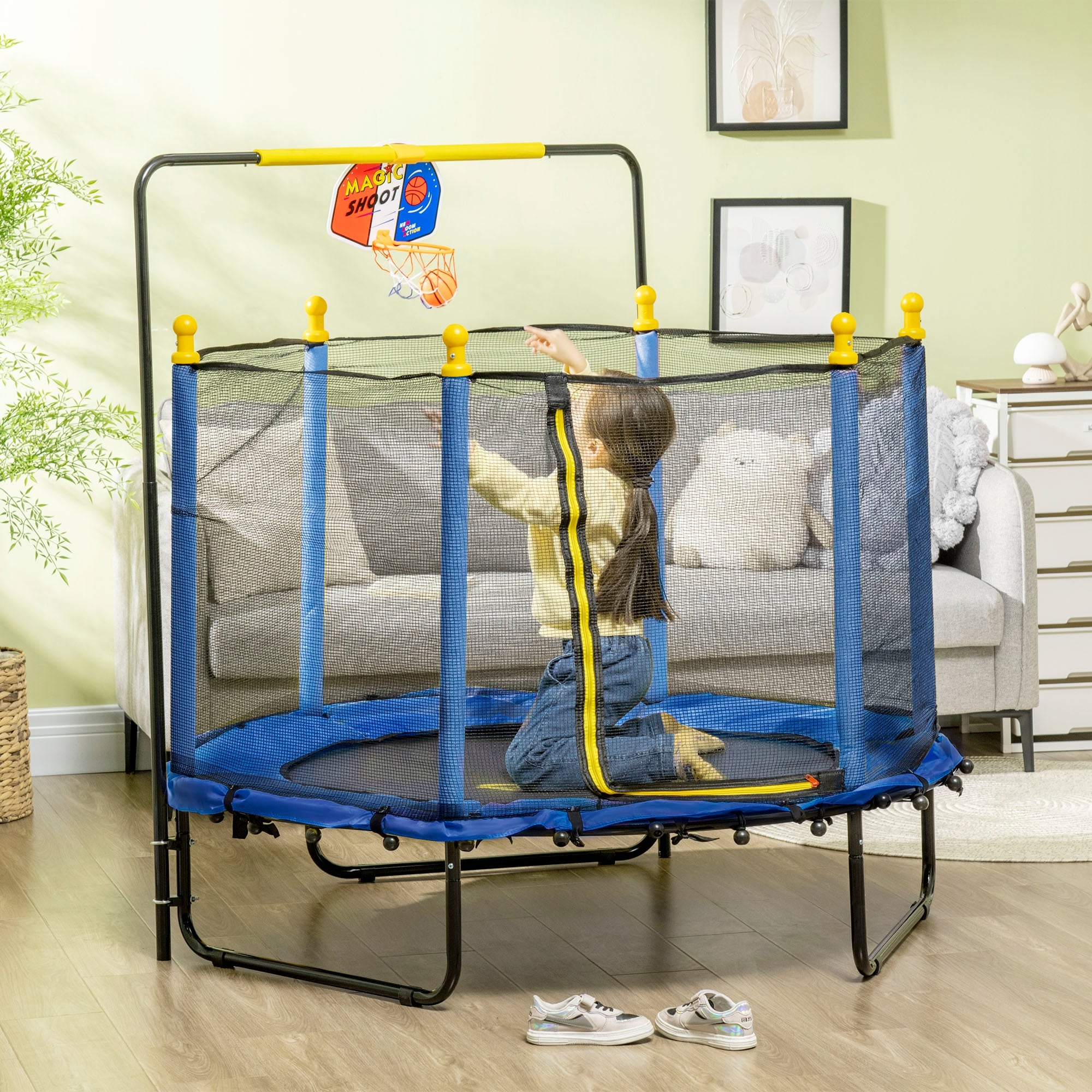 Qaba 4.6' Kids Trampoline with Basketball Hoop, Horizontal Bar, 55 Indoor Trampoline with Net