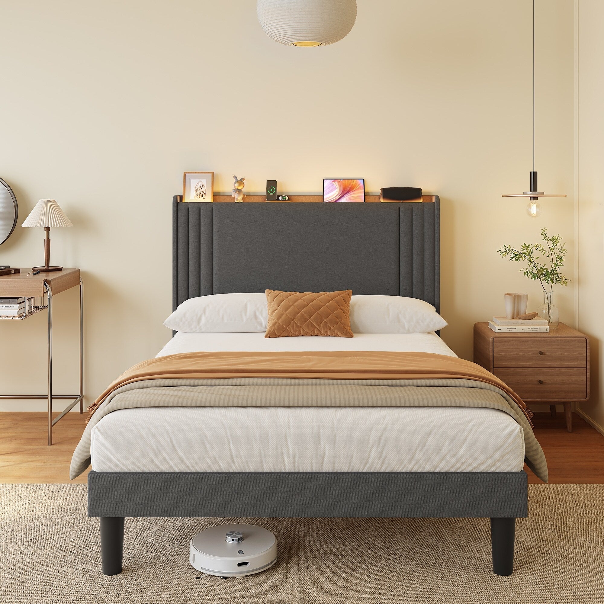 Queen/ Full Vertical Channels Upholstered Bed with Wingback Headboard