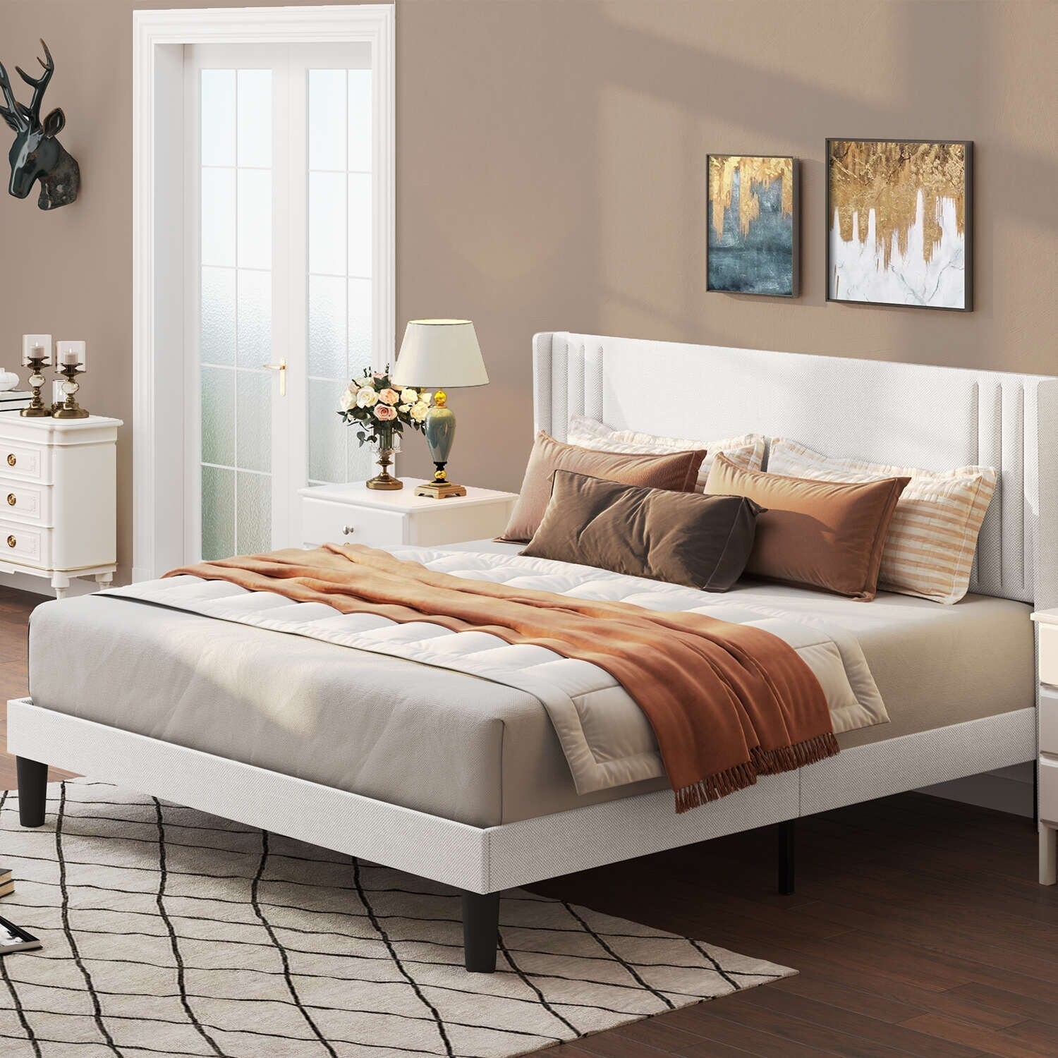 Queen/ Full Vertical Channels Upholstered Bed with Wingback Headboard