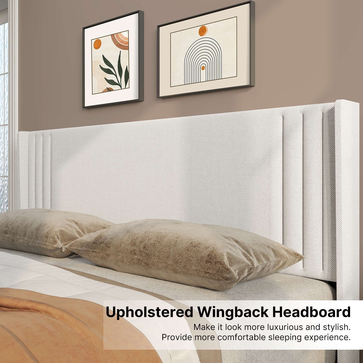 Queen/ Full Vertical Channels Upholstered Bed with Wingback Headboard