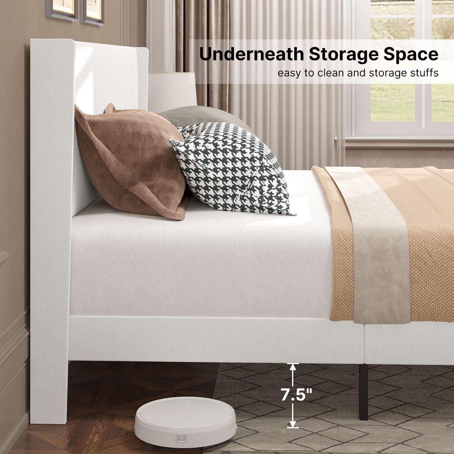 Queen/ Full Vertical Channels Upholstered Bed with Wingback Headboard