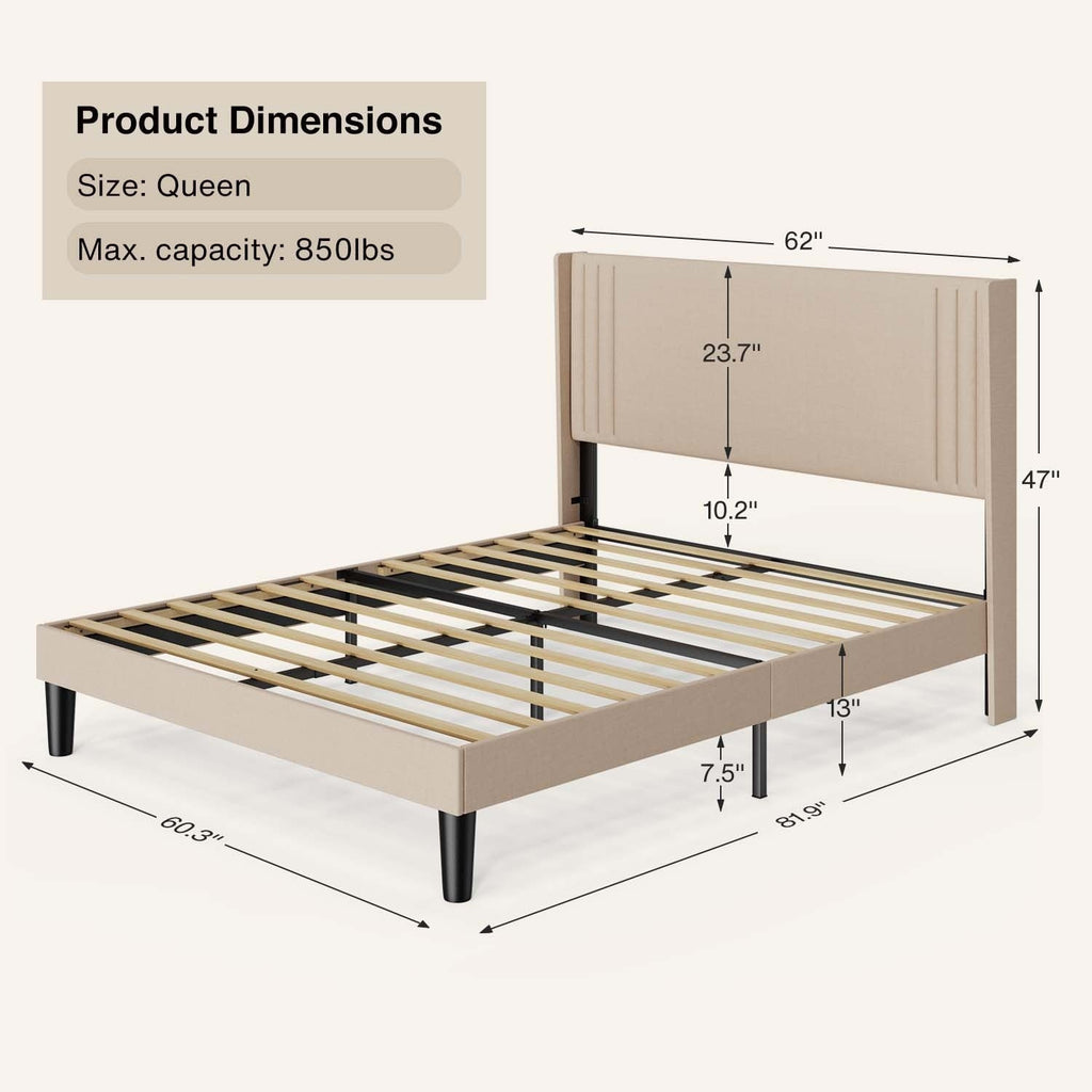 Queen/ Full Vertical Channels Upholstered Bed with Wingback Headboard