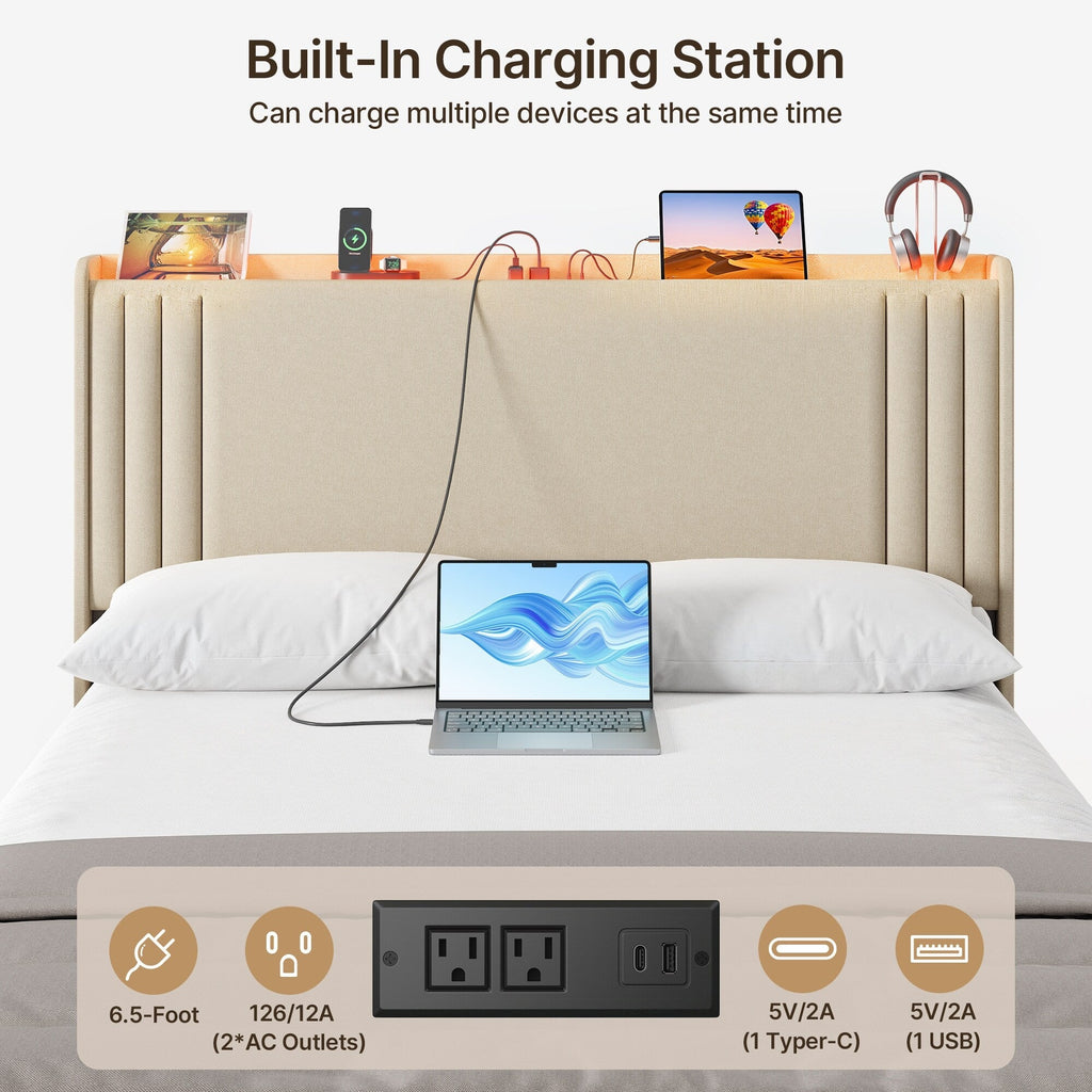 Queen/ Full Vertical Channels Upholstered Bed with Wingback Headboard