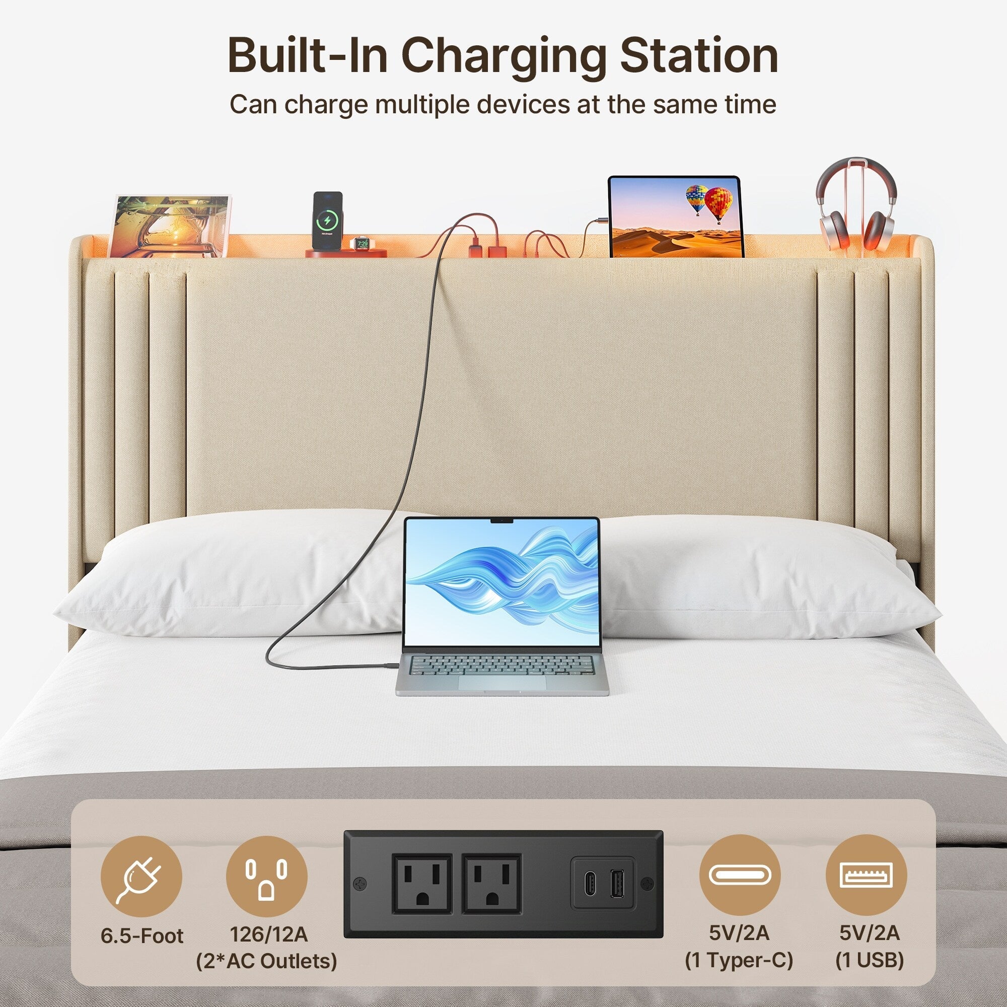 Queen/ Full Vertical Channels Upholstered Bed with Wingback Headboard