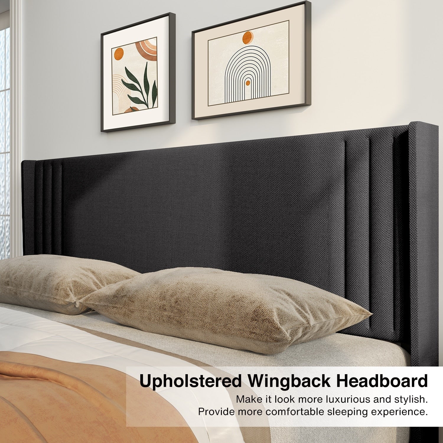 Queen/ Full Vertical Channels Upholstered Bed with Wingback Headboard