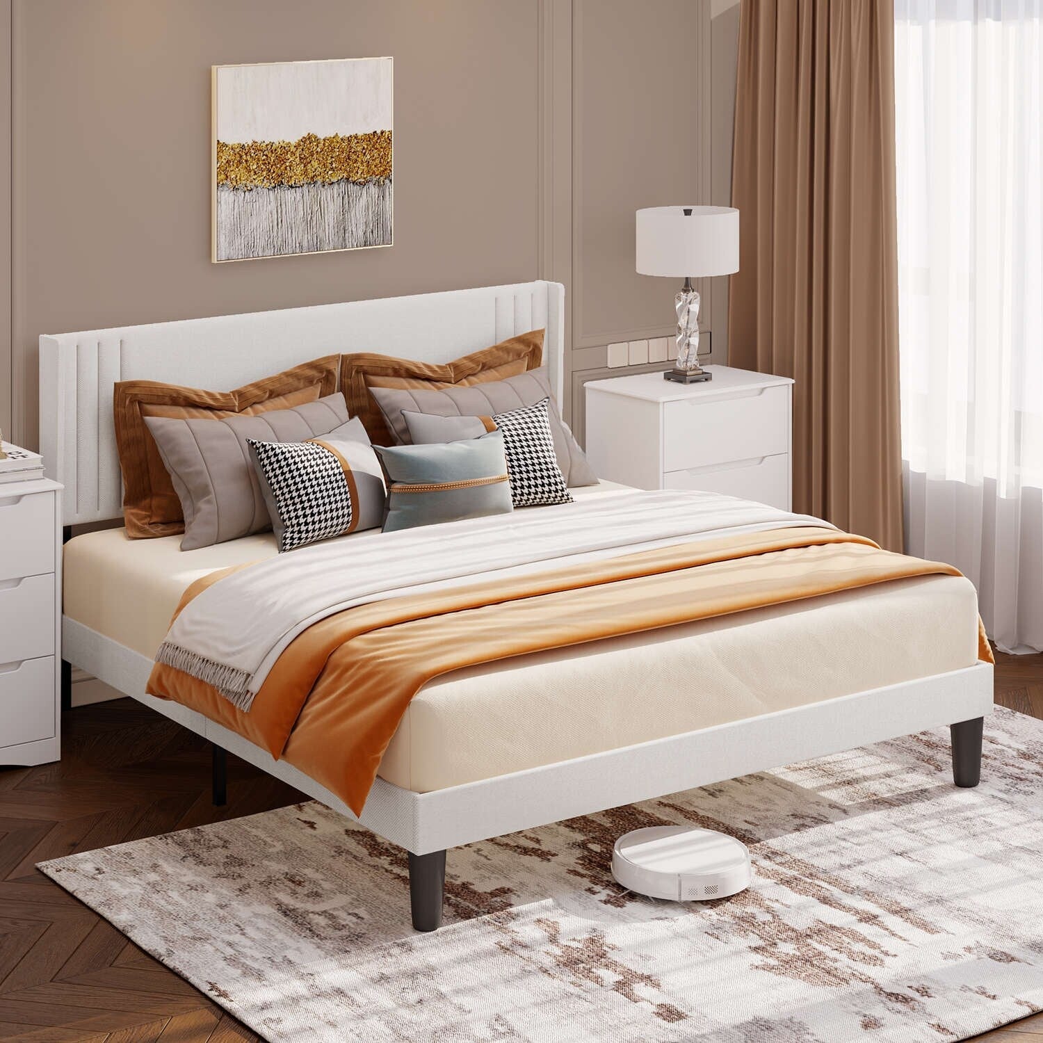 Queen/ Full Vertical Channels Upholstered Bed with Wingback Headboard
