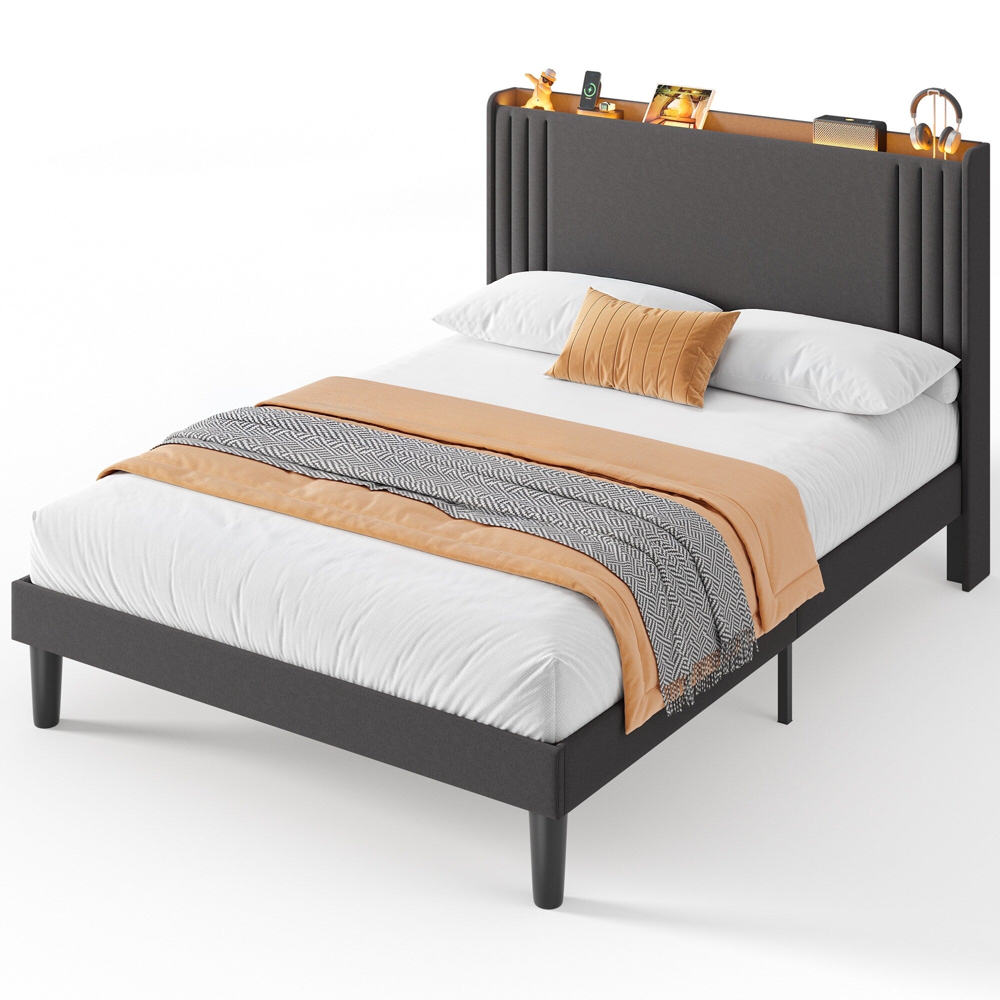 Queen/ Full Vertical Channels Upholstered Bed with Wingback Headboard