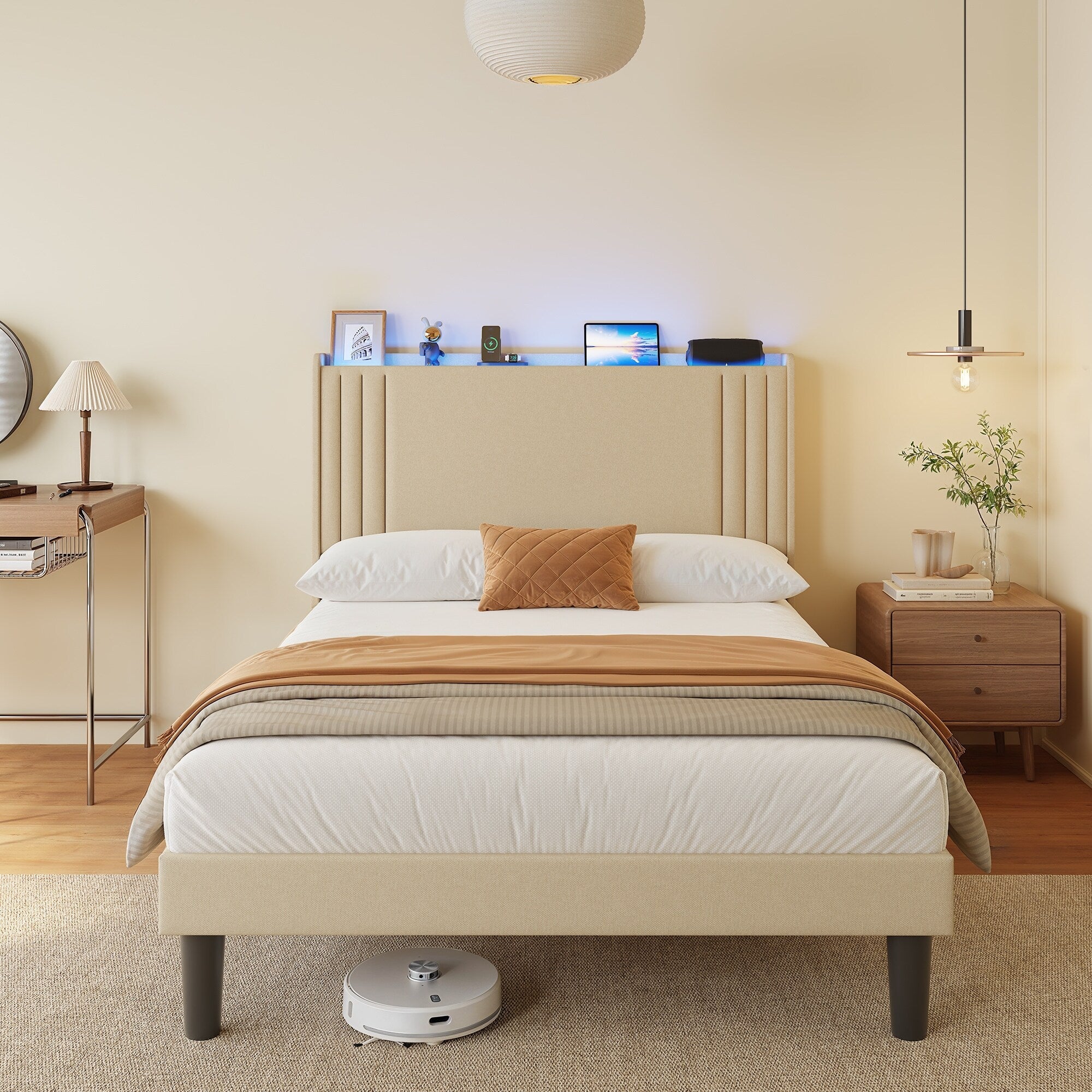 Queen/ Full Vertical Channels Upholstered Bed with Wingback Headboard