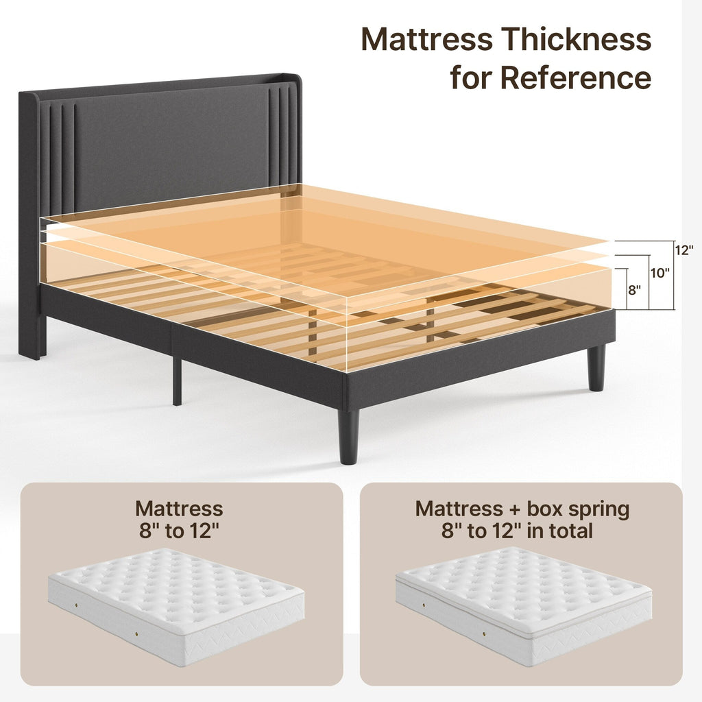 Queen/ Full Vertical Channels Upholstered Bed with Wingback Headboard