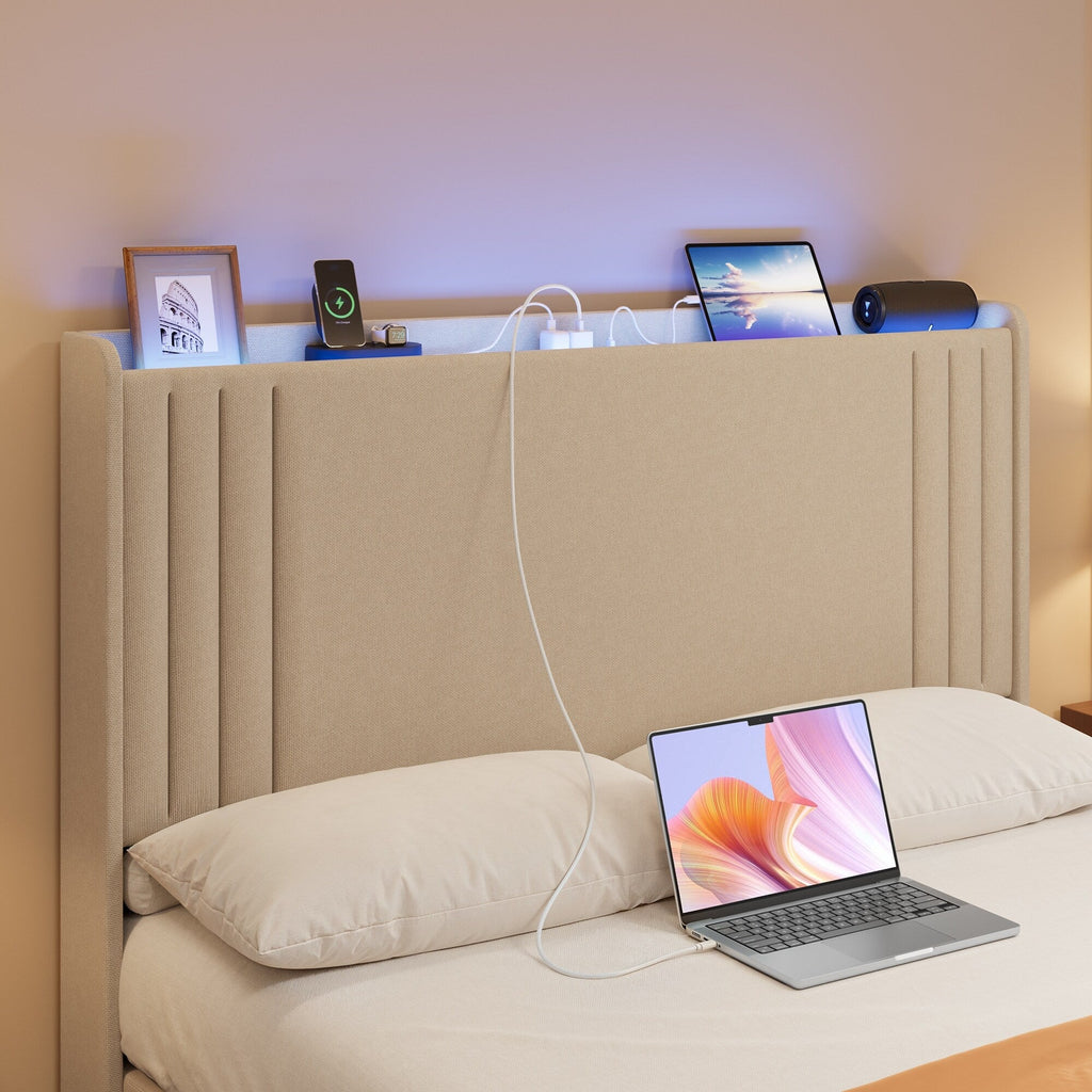 Queen/ Full Vertical Channels Upholstered Bed with Wingback Headboard