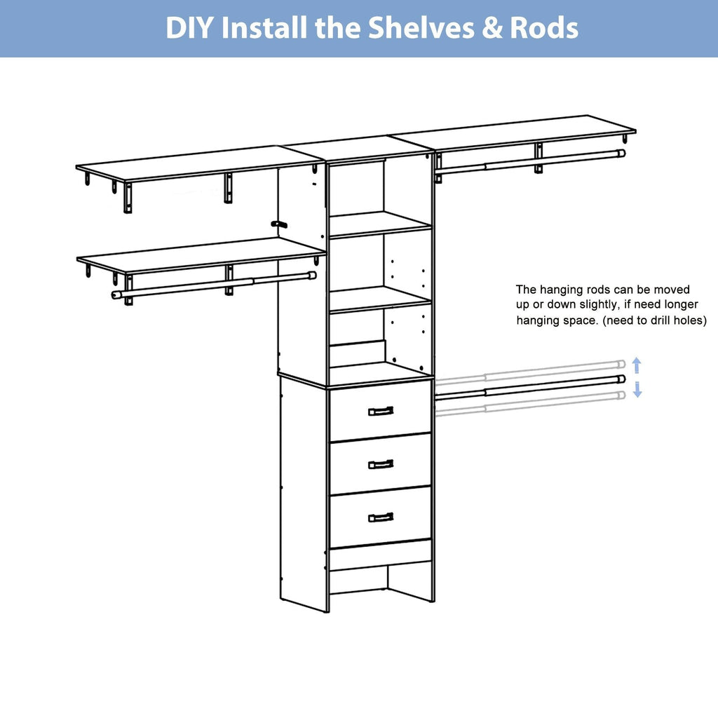 Rackcog 120'' Adjustable Closet Organizer with Drawers, Closet System with DIY Shelves for Reach-in and Walk-in Closet