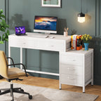 Reversible Computer Desk with 5 Drawers, Home Office Desk with File Cabinet Drawer Printer Stand